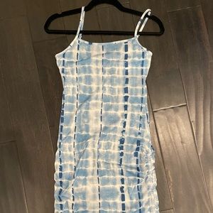 Blue and white tie-dye bodycon rouched dress